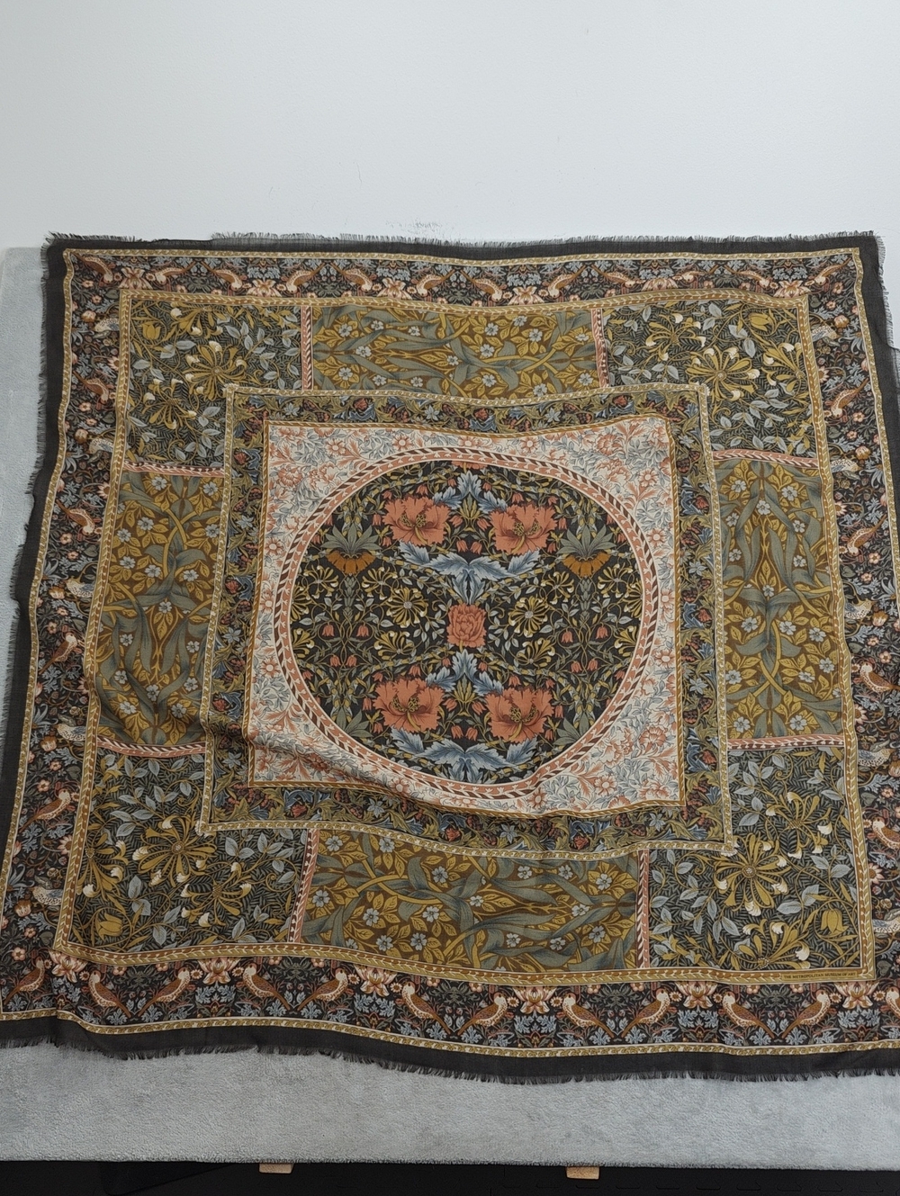 Floral Medallion Silk-Blend Scarf in Mustard and Coral